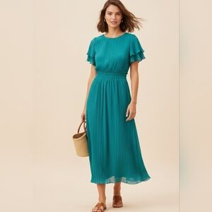 Zara Pleated Teal Turquoise Flutter Sleeve Midi Dress Size XL